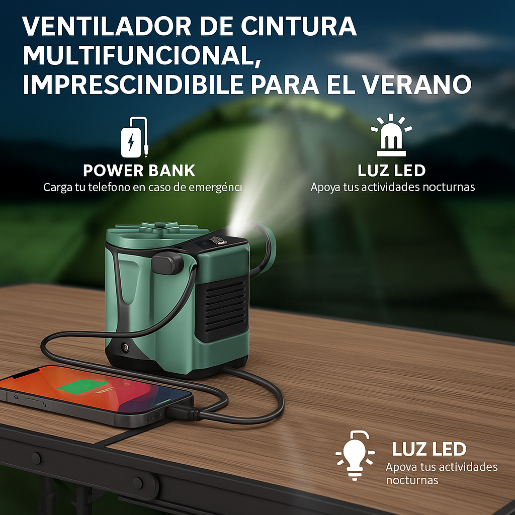 Ventilador portátil, ventilador de cintura recargable por USB con clip y banco de energía, ventilador personal para viajes al aire libre y campamentos